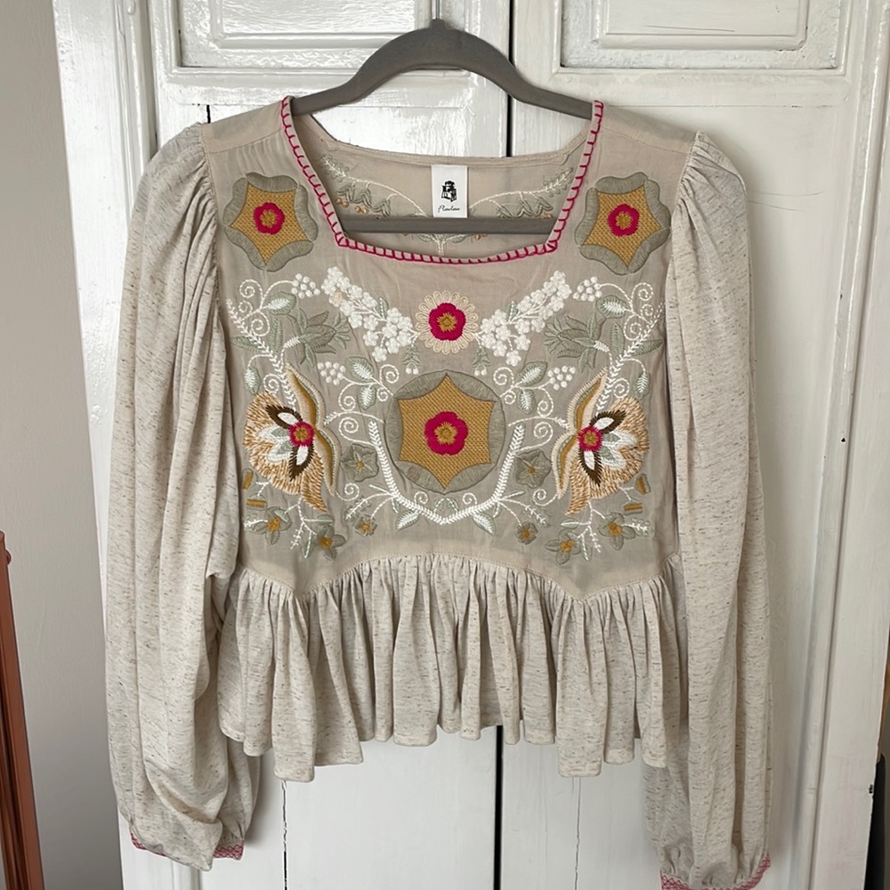 Abacos linen blend embroidered peplum top